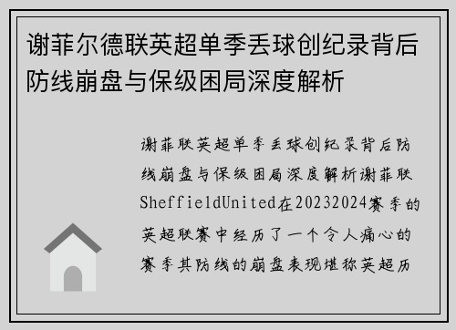 谢菲尔德联英超单季丢球创纪录背后防线崩盘与保级困局深度解析